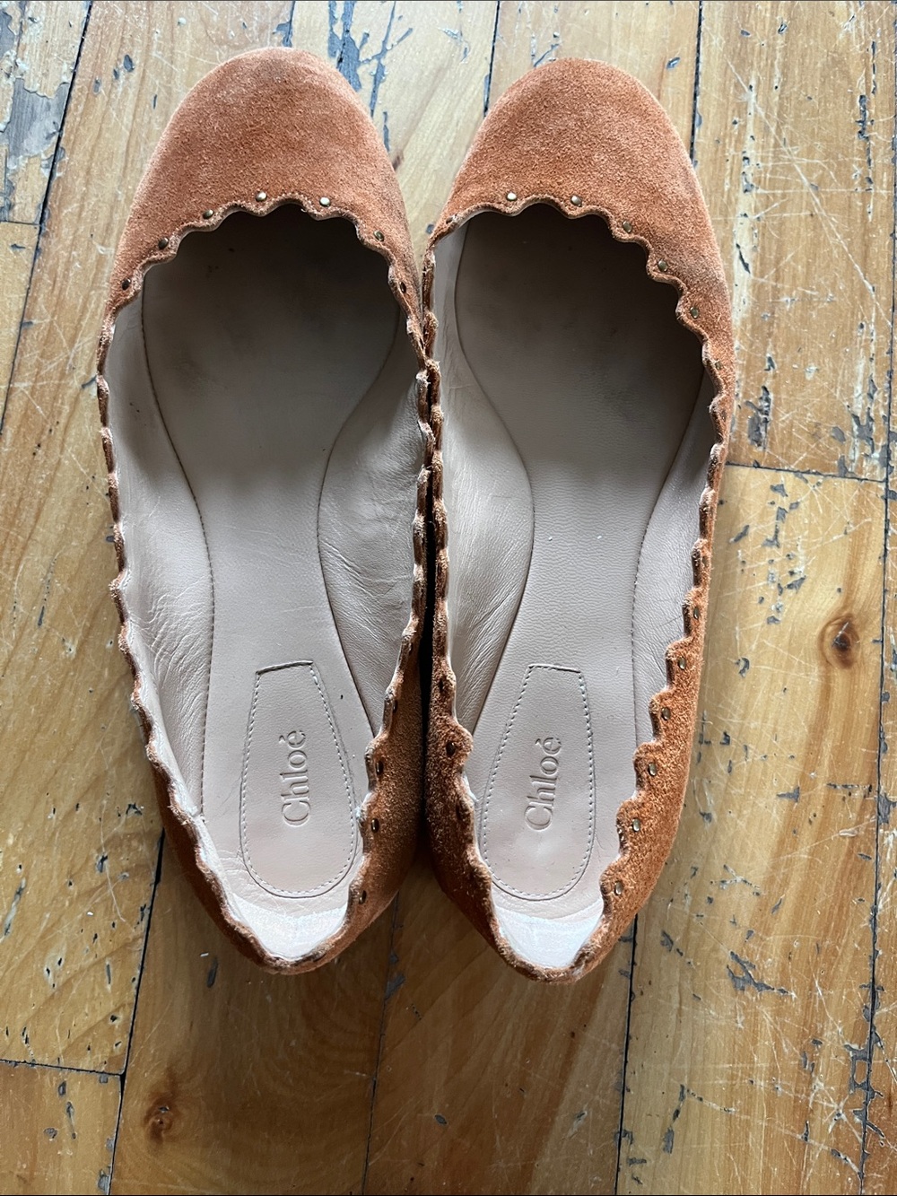 Chloé Rust Suede Scalloped Ballet Flats